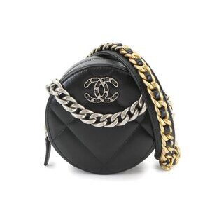 CHANEL 19 Round Clutch Chain Shoulder Bag Leather Black AP0945 Purse 90284053